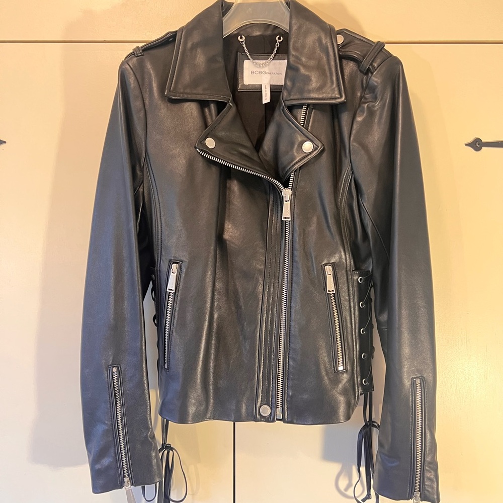 BCBGeneration Black Faux Leather Jacket with Silver Accents